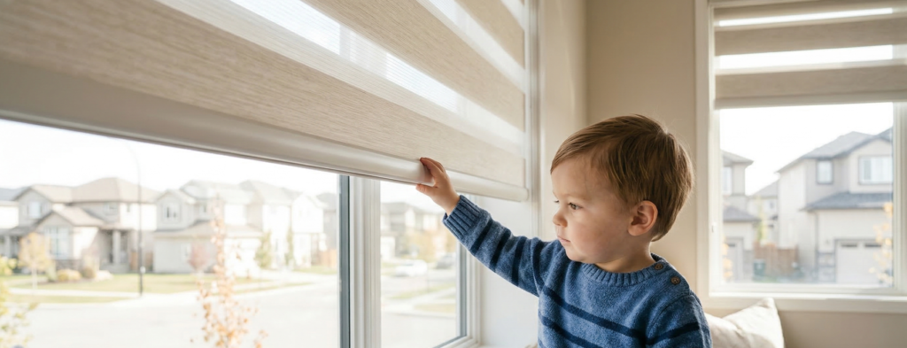 Blog Photo - Child is using zebra blinds which is product of Calgary Blinds Company and 100% safe for kids and pets