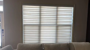 Motorized zebra blinds with dual-shade light control installed by Calgary Blinds Company for a living room.