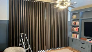 Custom velvet curtains installed in a Calgary living room.